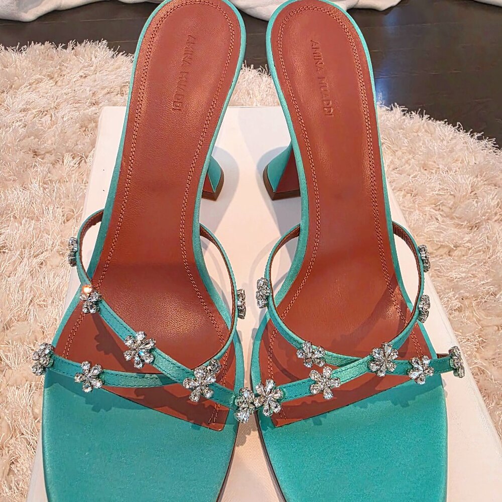 Amina Muaddi Lily Crystal Flower 95 MM( Satin Carribean) Sandal Mule Shoes